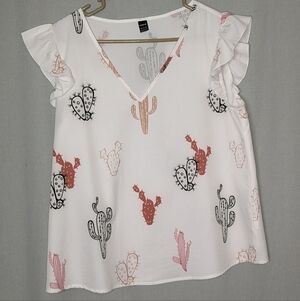 White Cactus Print Flutter Sleeve V-Neck Blouse